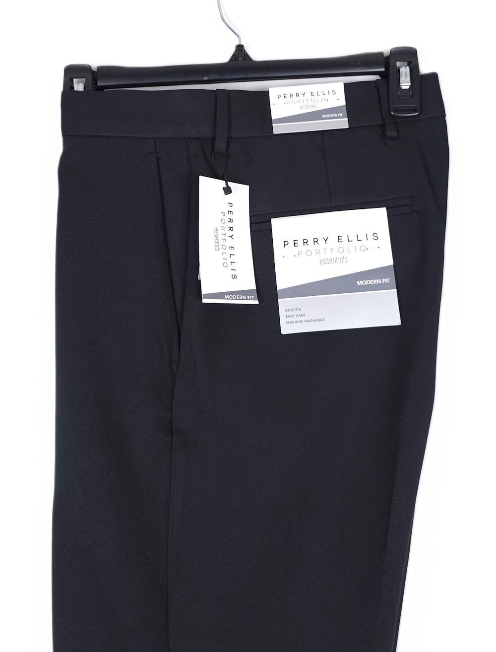 Perry Ellis Portfolio Mens Modern Fit Dress Pant 34x32 Black Solid Stretch Twill